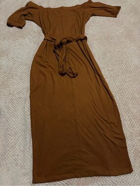 Ribbed Off-Shoulder Maxi Dress with Waist Tie in Brown